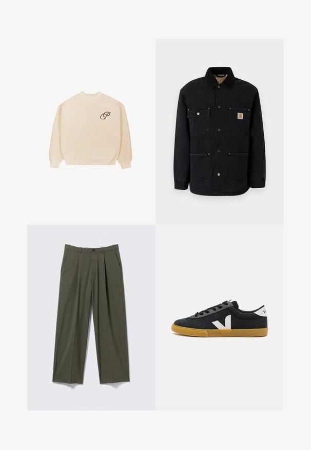 Sort denimjakke med krave, to brystlommer med trykknaplukninger og et logo-patch på venstre lomme. Foret inderside.; Beige crewneck sweater med lange ærmer og ribbede manchetter, med en lille mørk broderet skrifttype "P" på venstre bryst.; Oliven grønne bukser med lige ben, forreste plisseringer, sidelommer, bæltestropper og knaplukning i taljen.; Sorte lærredssneakers med en suede tåboks, hvidt logo-accent, sorte snørebånd og en gummigummisål. Minimalistisk design og lav profil.