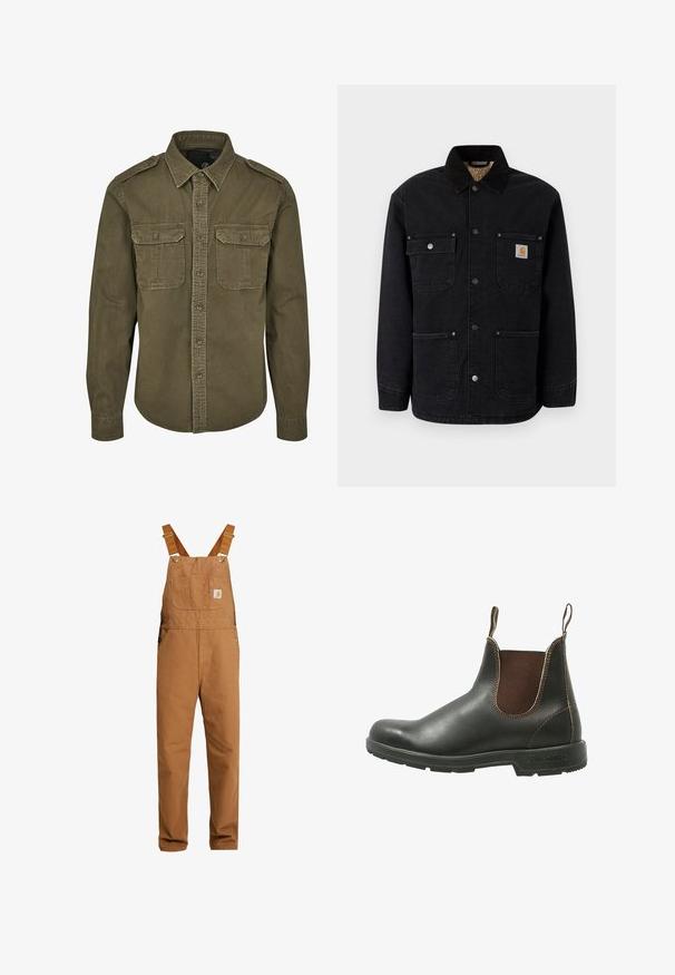 Chaqueta de mezclilla negra con cuello, dos bolsillos en el pecho con cierres a presión y un parche con el logo en el bolsillo izquierdo. Interior forrado.; Camisa verde oliva de botones hecha de algodón. Cuenta con un cuello, dos bolsillos en el pecho con solapas y hombros estructurados con costuras visibles.; Carhartt WIP BIB OVERALL DEARBORN CANVAS - Peto - hamilton brown rinsed; Botín Chelsea hecho de cuero negro liso con paneles de elastano marrón en los laterales, costuras en contraste y una suela de goma texturizada.