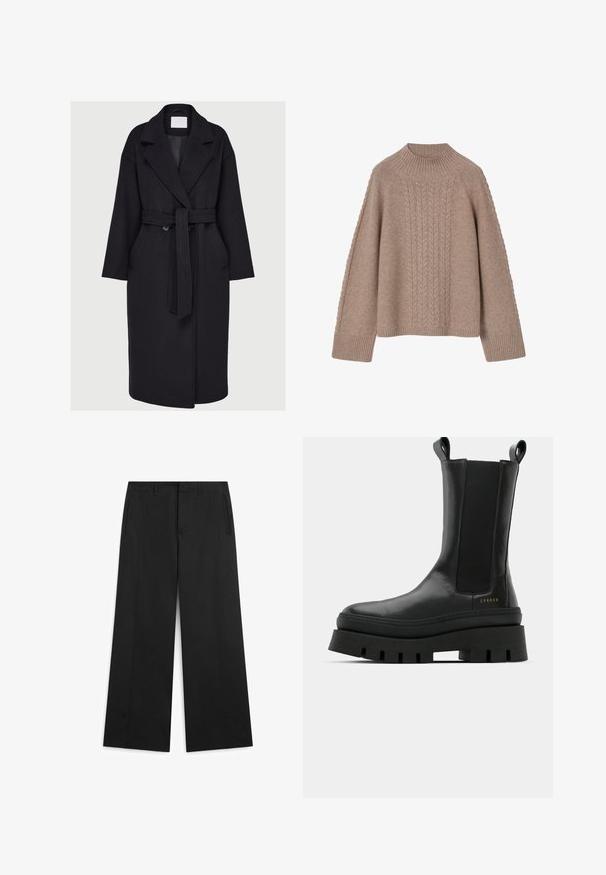 Sort uldfrakke med bælte, overdimensionerede revers, to sidelommer og knaplukning. Glat tekstur og lige silhuet.; Beige oversized sweater lavet af struktureret strikkemateriale. Har ribbet halsudskæring og manchetter, med et centralt kabelstrikmønster foran.; Sorte bukser med vide ben, forlommer og bæltestropper, med en ren linning og skjult frontlukning.; Sorte ankelstøvler med en glat læderfinish, elastiske sidepaneler og en chunky, struktureret platformssål, der har et logo-detail.