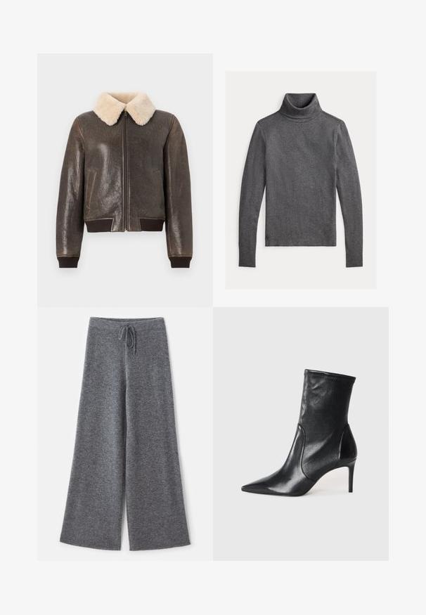 Veste aviateur en cuir brun foncé avec col en fausse laine, fermeture éclair, poignets et ourlet côtelés. Finition texturée et poches latérales.; Pull col roulé en maille gris foncé avec manches longues et coupe slim, présenté à plat sur un fond clair.; Pantalons larges gris en tissu tricoté doux avec une taille élastique à cordon, mettant en valeur une surface texturée et des bords nets.; Bottes noires à la cheville en cuir lisse, dotées d'un bout pointu, d'un tige ajustée et d'un talon haut fin. Design minimaliste sans quincaillerie visible.