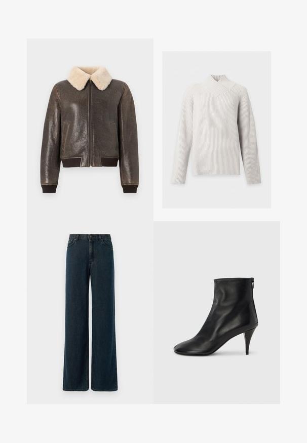 Læderbomberjakke i mørkebrun med falsk shearling-krave, lynlåslukning samt ribbet kant og manchetter. Tekstureret finish og sidelommer.; Hvid ribstrikket sweater med lange ærmer, krydset høj hals og figursyet silhuet på ensfarvet baggrund.; Bredde ben mørkeblå denimjeans med høj talje, fem-lomme design og subtile stikninger. Stof har en glat tekstur.; Sorte ankelstøvler i læder med en glat tekstur, spids tå og en slank stiletthæl. Har en lynlås i siden for nem påklædning.