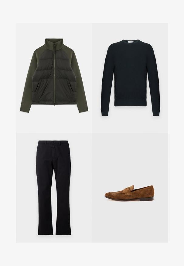 Mørkegrøn zip-up jakke med polstret frontpanel, strikkede ærmer, høj krave og forlommer på hvid baggrund.; Strikket sort sweater med rund halsudskæring, lange ærmer og et tekstureret mønster. Har ribbet kant og manchetter.; Sorte bomuldsbukser med lige ben, forreste knaplukning og to sidelommer; glat tekstur uden synlige mønstre.; Brun mokkasinsko i ruskind med lav hæl og remdetalje, vist i sideprofil på en ensfarvet lys grå baggrund.