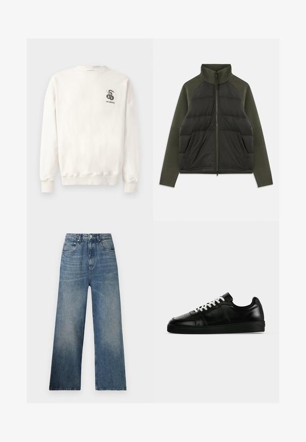 Donkergroene zip-up jack met gewatteerd voorpaneel, gebreide mouwen, hoge kraag en voorzakken op een witte achtergrond.; Witte katoenen sweatshirt met ronde hals, ribgebreide mouwen en onderrand, met een zwarte slangafbeelding en de tekst "HAN KJØBENHAVN" op de borst.; Blauwe denim wijdgerande jeans met een hoge taille, voorzien van subtiele vervaging, vijf zakken en een metalen knoopsluiting aan de voorkant.; Zwarte lage leren sneaker met witte veters, een platte zwarte zool en subtiele stikseldetails, getoond in zijprofiel op een grijze achtergrond.