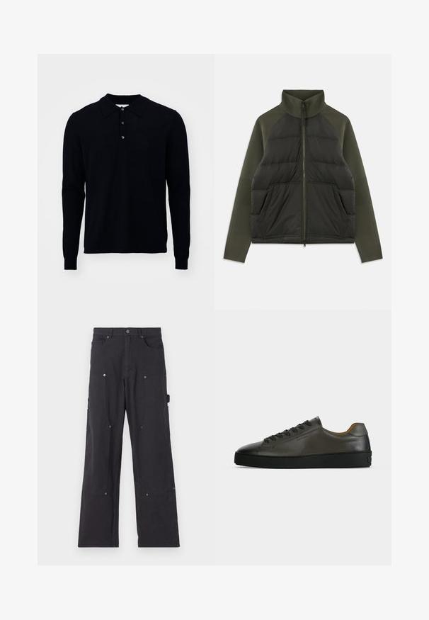 Mørkegrøn zip-up jakke med polstret frontpanel, strikkede ærmer, høj krave og forlommer på hvid baggrund.; Langærmet polo shirt i mørk navy, lavet af fint strikket stof. Har en krave, tre-knap lukning og ribbede manchetter.; Sorte cargo-bukser lavet af slidstærkt stof med lige ben-design, der har forlommer, trykknapper og side-nytte lommer.; Lavtskåret mørkegrå læder sneaker med sorte snørebånd og sål, minimalistisk design, sideprofil på en ensfarvet lys baggrund.