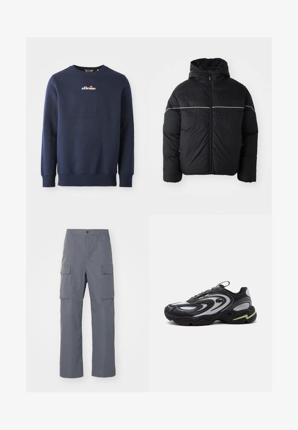 Sort polstret jakke med hætte, der har en frontlynlås og en hvid vandret stribe på brystet. Glat stof med en mat overflade.; Marineblå sweatshirt lavet af et blødt stof, med rund hals og ribbede manchetter. Brolagt "ellesse"-logo med farvede akcenter.; Grå cargo-bukser lavet af holdbart stof. Funktioner inkluderer en elastisk talje, to store sidelommer og en lige benudskæring.; Sort og grå Lacoste Storm 2K sneaker med bølgemønstre, snøredesign og en tyk sål med en lys grøn accent.
