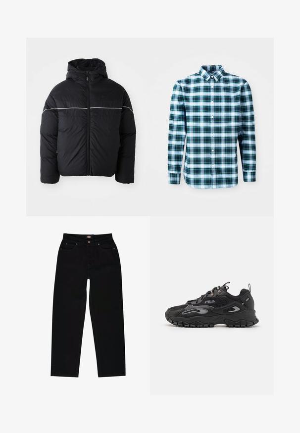 Chaqueta acolchada negra con capucha, que presenta un cierre frontal de cremallera y una franja horizontal blanca en el pecho. Tejido suave con un acabado mate.; Camisa de manga larga a cuadros verdes y blancos con collar tipo button-down y botones frontales. Hecha de una tela ligera, presenta un diseño estructurado.; Vaqueros de mezclilla negra con corte recto, que cuentan con cinco bolsillos, costuras marrones y cierre de cremallera. Textura suave y material duradero.; Zapatilla negra con parte superior de malla y sintético, suela de goma, puntera redondeada y acentos reflectantes en los lados y los cordones.