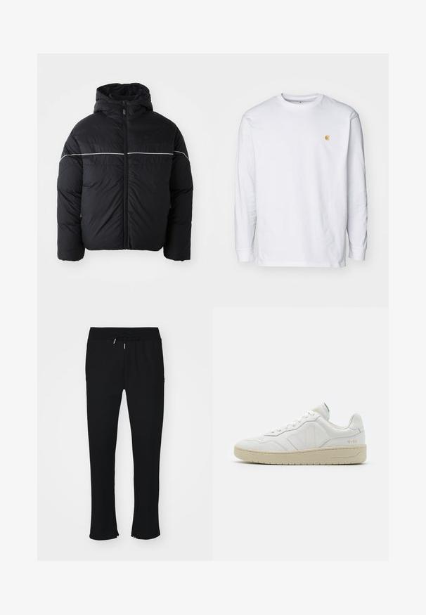 Schwarze gepolsterte Jacke mit Kapuze, ausgestattet mit einem Reißverschluss auf der Vorderseite und einem weißen horizontalen Streifen über der Brust. Glattes Material mit mattem Finish.; Weißes Langarm-T-Shirt aus Baumwolle. Mit kleinem goldenem Logo auf der Brust und Rundhalsausschnitt. Einfaches Design und normale Passform.; Schwarze Jogginghose aus weichem Stoff, mit elastischem Taillenbund und Kordelzug, Schlitz am Saum und subtiler Mustergestaltung.; Weiße Leder-Sneaker mit strukturierter Oberfläche und gepolstertem Kragen. Sie verfügen über eine beigen Gummisohle und dezente Markenkennzeichnung an der Ferse und an der Seite.