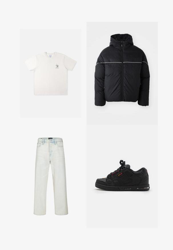 Veste noire matelassée avec capuche, dotée d'une fermeture éclair à l'avant et d'une bande blanche horizontale sur la poitrine. Tissu lisse avec une finition mat.; T-shirt en coton blanc à manches courtes, avec un petit motif graphique noir sur la poitrine gauche et un col rond.; Jean droit délavé clair à taille haute, avec bouton sur le devant et design à cinq poches de Jack & Jones.; Chaussure de sport noire avec un dessus en cuir lisse, des accents rouges, des lacets ronds et un profil bas. Elle présente des perforations pour une meilleure respiration.