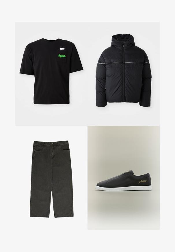 Schwarze gepolsterte Jacke mit Kapuze, ausgestattet mit einem Reißverschluss auf der Vorderseite und einem weißen horizontalen Streifen über der Brust. Glattes Material mit mattem Finish.; Schwarzes Baumwoll-T-Shirt mit kurzen Ärmeln, ausgestattet mit einer Tasche, die eine Katzengrafik und grünen "PUMA"-Text zeigt. Lässiger Schnitt und glatte Textur.; Schwarze Denim-Hose mit weitem Bein und hoher Taille, fünf Taschen und Knopfverschluss. Weiche Textur und gerades Schnittdesign.; Schwarzer Slip-on-Sneaker mit weißer Sohle, glattem Lederobermaterial und goldener "Lacoste"-Markierung an der Seite und auf der Zunge.