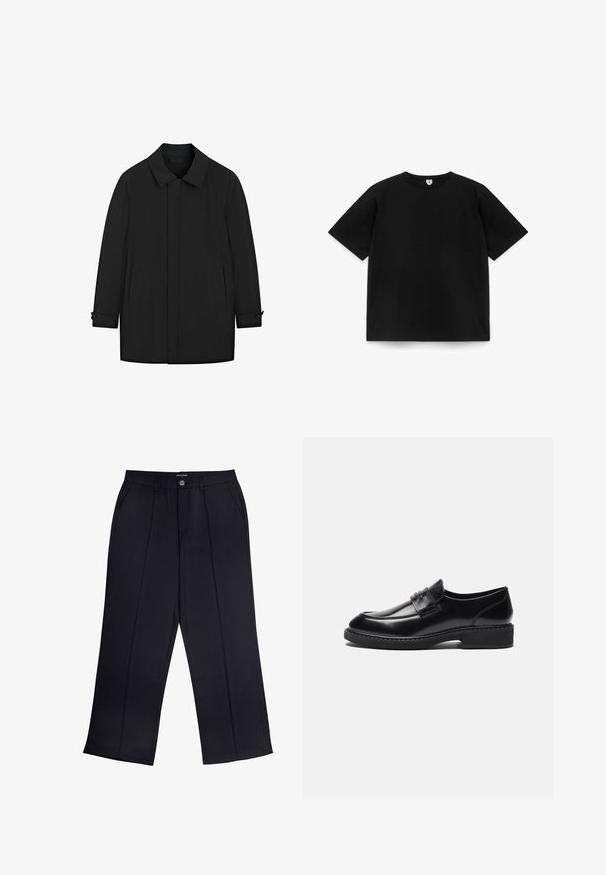 Sort mellemlang frakke med klassisk krave, skjulte knapper foran, to sidelommer og knapmanchetter på lange ærmer.; Plain sort kortærmet T-shirt med rund hals liggende fladt på en hvid baggrund, vist fra fronten uden synlige logoer eller designs.; Sorte viddebukser lavet af glat stof med lynlås og knaplukning samt forlommer. Bemærkelsesværdige folder ned ad hvert ben.; Zign by Zalando LEATHER - Business loafers - black