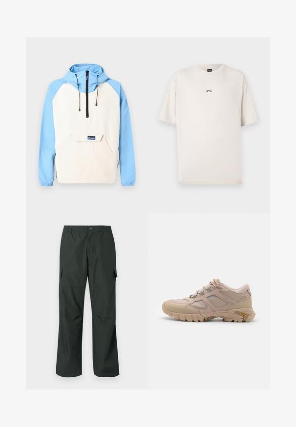 Anorak med blå hætte og ærmer, beige krop; har en frontlomme og sorte snore. Blødt stof med elastiske manchetter.; Oakley RISE TEE - T-shirts basic - mist; Mørkegrøn cargo bukser med en afslappet pasform, elastisk talje, sydde lommer og en glat, let stofstruktur.; Beige sportsko med en tekstureret mesh-overdel, syntetisk overlay og en Vibram-sål. Har snøresystem og detaljer på sidepanelet.