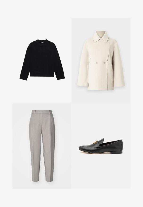 Flødefarvet uldfrakke med dobbeltradet front, bred krave og klokkeærmer; har to knapper og en blød tekstur.; Sort crew-neck sweater med lange ærmer, ribbede manchetter og kant, lavet af blødt materiale. Enkel, ren design uden mønstre eller aksenter.; Lys grå skræddersyede bukser med en glat tekstur, plisseret front og lige ben-design. Har bæltestropper og en poleret finish.; Sorte læder loafers med rund tå, flad hæl og guldtonet hardware accent på remmen. Glat tekstur med minimale design detaljer.