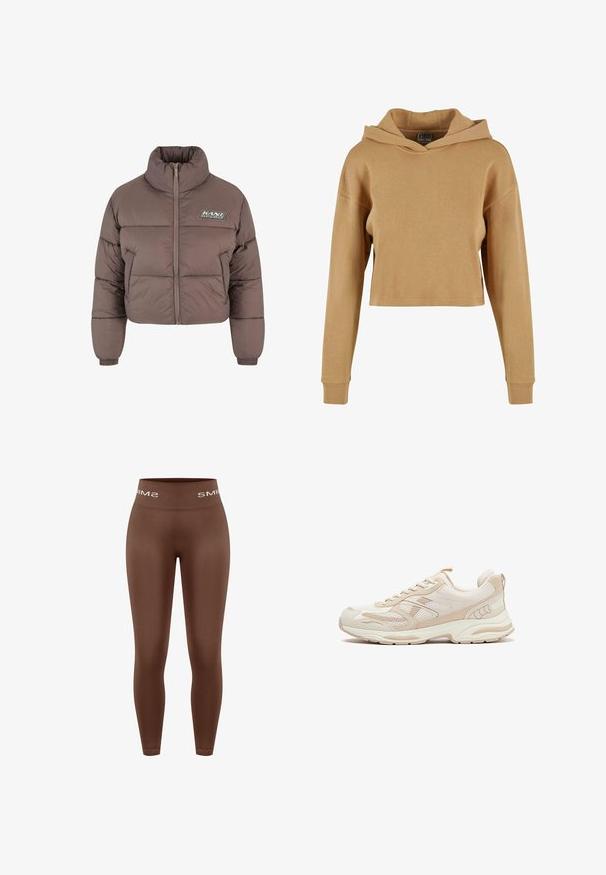 Veste courte en duvet marron avec un col haut, fermeture éclair et poignets élastiques. Présente un patch logo sur le devant. Texture lisse.; Sweat à capuche cropped à manches longues en tissu marron clair. Doté d'une poche avant et d'une capuche avec cordon de serrage, ainsi que de poignets et d'un ourlet côtelés.; Leggings marron taille haute avec une texture lisse, dotés d'une ceinture tricotée portant le logo "SMIMS" en blanc, coupe ajustée, longueur totale.; Baskets athlétiques beiges et blanches avec dessus en mesh et synthétique, design à lacets, semelle coussinée et languette à l'arrière, vues de côté.