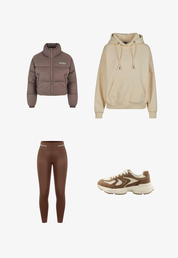 Brun cropped pufferjakke med høj krave, lynlås og elastiske manchetter. Har et logo-patch på forsiden. Glat tekstur.; Beige hættetrøje med kengurulomme, ribbede manchetter og snoretræk i hætten. Lavet af blødt stof med en afslappet pasform.; Brune leggings med høj talje og glat tekstur, med en strikket linning med "SMIMS"-logo i hvid, tætsiddende design, fuld længde.; Brun og beige sneaker med mesh- og ruskindspaneler, hvide snørebånd og tyk hvid sål på ensfarvet baggrund.