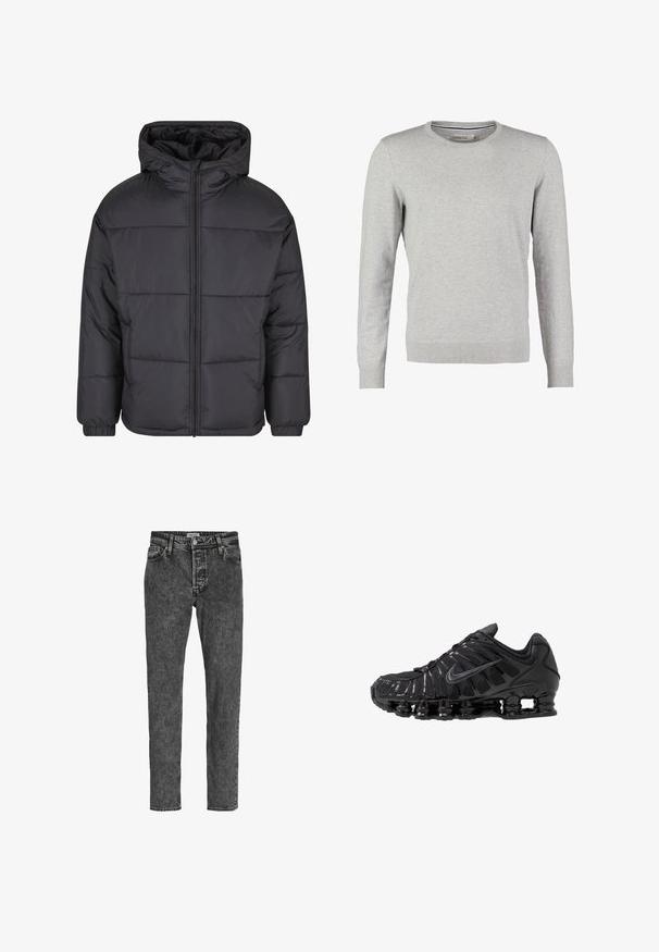 Schwarze isolierte Steppjacke mit durchgehendem Reißverschluss, Kapuze und elastischen Bündchen. Verfügt über gesteppten Bereiche und eine glatte, glänzende Außenseite.; Grauer Pullover mit langen Ärmeln, rundem Halsausschnitt, gerippten Bündchen und Saum. Hergestellt aus einem glatten Strickmaterial mit einheitlicher Textur. Keine Muster oder Akzente.; Jack & Jones Relaxed Fit JJICHRIS JJORIGINAL SQ 734 - Jeans Tapered Fit - black denim; Schwarze Sportschuhe aus Mesh- und synthetischen Materialien mit einem markanten wellenförmigen Design, schwarzer Gummisohle und reflektierenden Akzenten.