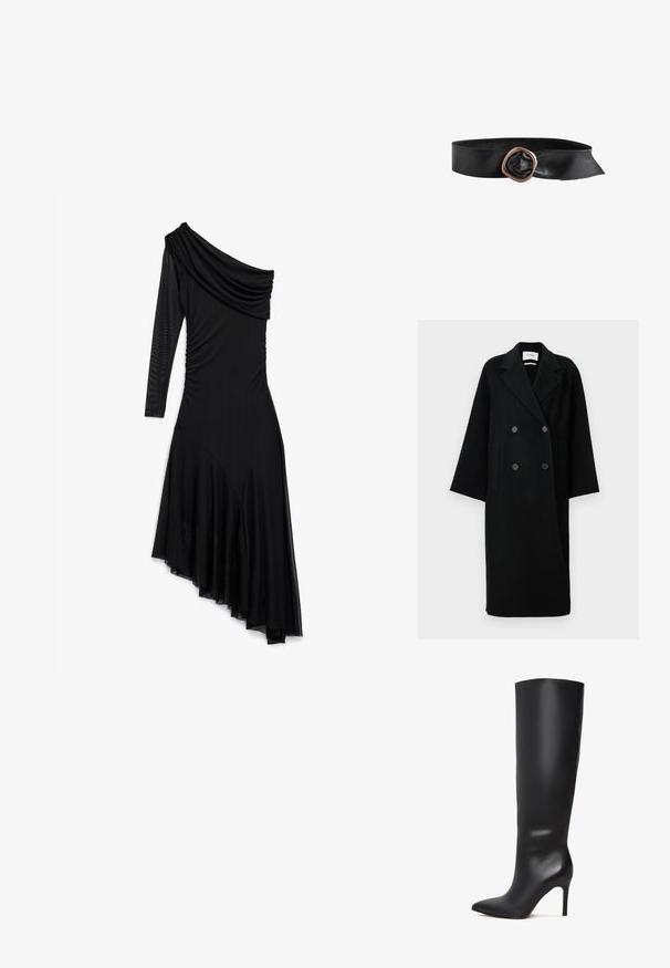 Manteau noir en laine à double boutonnage avec un col cranté, deux poches avant et des boutons à l'avant. Silhouette oversized et droite.; Robe noire asymétrique avec une longue manche en tulle, décolleté drapé à épaules dénudées, côtés froncés et ourlet irrégulier avec des détails en mesh.; Botte en cuir noir, montante, à talon aiguille, avec un bout pointu et une surface lisse et élégante. Elle dispose d'un talon haut et fin pour une silhouette élancée.; Ceinture en cuir noir avec une large bande et une grande boucle métallique irrégulière de couleur cuivre.