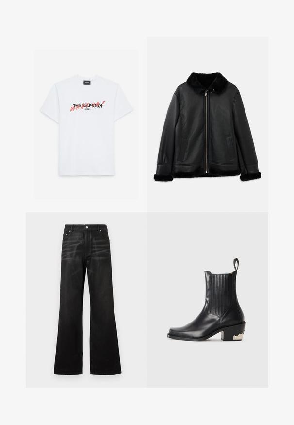 Sort læderjakke med blød pelskrave, manchetter og kant, med en lynlås foran og to skrålommer.; Hvid bomulds t-shirt med korte ærmer, som har et sort og koralfarvet grafisk print. Teksten lyder: "THE KOOPLES? HVA?" og "PARIS."; Sorte bredbenede jeans lavet af denimstof. Har fem lommer, en frontknaplukning og en diskret udvaskning på lårene.; Sorte læder ankelstøvler med elastiske sidepaneler, en spids tå og en skulptureret metallisk hæl med bølgedetaljer. Glat tekstur.