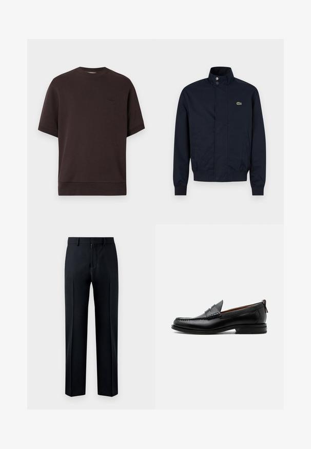 Veste pour homme bleu marine avec col montant, boutons-pression sur le devant, deux poches latérales, poignets côtelés et petit logo crocodile vert sur la poitrine.; Sweatshirt à manches courtes de couleur marron foncé avec un col rond, en matière douce. Présente un logo brodé subtil sur la poitrine.; Pantalon de costume noir droit avec passants pour ceinture et fermeture éclair à l'avant, présenté sur un fond blanc.; Mocassin homme en cuir noir avec couture moc toe, bride penny, col texturé et petit talon empilé sur fond blanc.