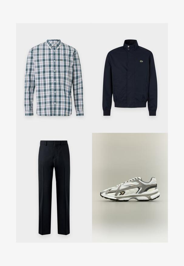 Veste pour homme bleu marine avec col montant, boutons-pression sur le devant, deux poches latérales, poignets côtelés et petit logo crocodile vert sur la poitrine.; Chemise à manches longues avec boutons, en motif à carreaux verts, bleus et blancs ; dotée d'un col et d'un logo Lacoste sur la poitrine.; Pantalon de costume noir droit avec passants pour ceinture et fermeture éclair à l'avant, présenté sur un fond blanc.; Chaussure de sport avec une tige en mesh blanc, des accents gris, une semelle en caoutchouc noire et un design épuré. Elle présente des lacets et des détails texturés.