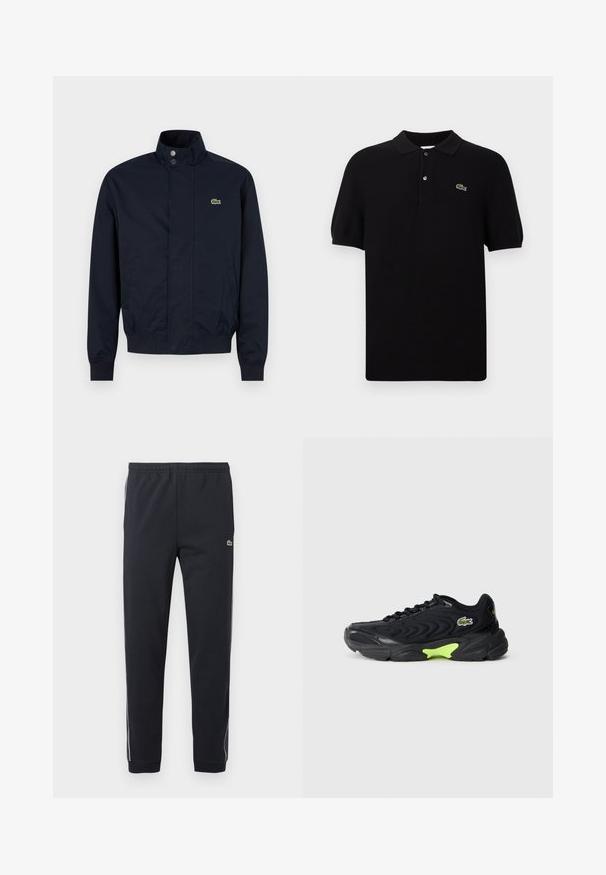 Veste pour homme bleu marine avec col montant, boutons-pression sur le devant, deux poches latérales, poignets côtelés et petit logo crocodile vert sur la poitrine.; Polo noir en tissu tricoté, doté d'un col classique, de trois boutons et d'un logo de crocodile vert sur le côté gauche. Manches courtes.; Pantalon de sport noir avec taille élastique, jambes fuselées, bandes latérales blanches et petit logo crocodile vert sur la cuisse droite.; Baskets noires avec un design en maille ondulée, présentant une accentuation verte sur la semelle et un logo de marque. Semelle en caoutchouc souple, construction légère.
