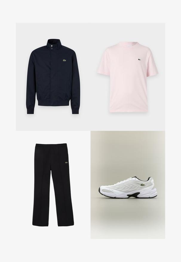 Chaqueta azul marino para hombre con cuello alto, botones de presión frontales, dos bolsillos laterales, puños acanalados y pequeño logo de cocodrilo verde en el pecho.; Camiseta de algodón de color rosa claro con mangas cortas. Presenta un pequeño logo bordado en verde en el lado izquierdo del pecho. Diseño de cuello redondo.; Pantalones de chándal negros con cinturilla elástica, diseño de pierna recta, detalles de costura sutiles y un pequeño logo verde como acento.; Zapatilla deportiva blanca con parte superior de malla texturizada, diseño curvado y suela exterior negra en contraste. Presenta un logo verde bordado en el lateral.
