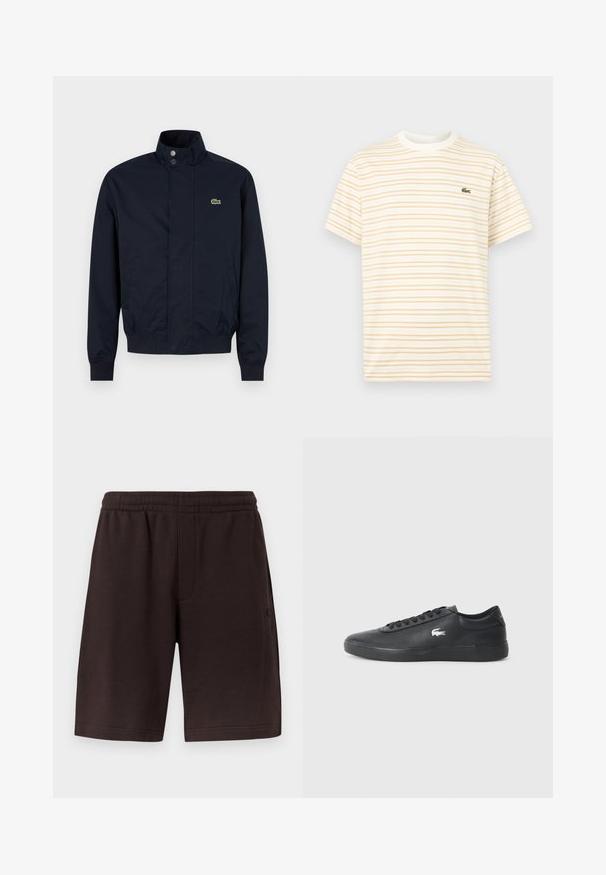 Veste pour homme bleu marine avec col montant, boutons-pression sur le devant, deux poches latérales, poignets côtelés et petit logo crocodile vert sur la poitrine.; T-shirt à manches courtes avec col rond, à fines rayures horizontales beige sur fond blanc, arborant un petit logo de crocodile vert sur la poitrine.; Shorts en coton brun foncé avec une ceinture élastique et des poches latérales. Le design présente une texture simple et lisse, sans motifs.; Sneaker en cuir noir avec bout arrondi, semelle plate et logo blanc sur le côté. Présente des lacets noirs et une finition lisse et mate.