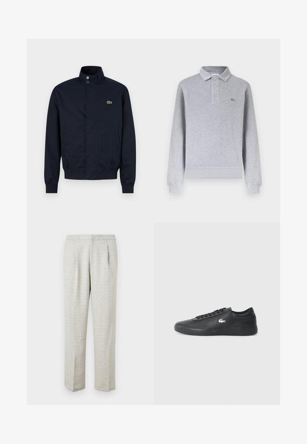 Veste pour homme bleu marine avec col montant, boutons-pression sur le devant, deux poches latérales, poignets côtelés et petit logo crocodile vert sur la poitrine.; Polo à manches longues gris clair avec poignets côtelés, trois boutons au col et un petit logo crocodile vert sur la poitrine gauche.; Pantalons gris clair en tissu texturé, avec une coupe droite, un devant plissé et une taille standard. Pas de poches ni d'accents visibles.; Sneaker en cuir noir avec bout arrondi, semelle plate et logo blanc sur le côté. Présente des lacets noirs et une finition lisse et mate.