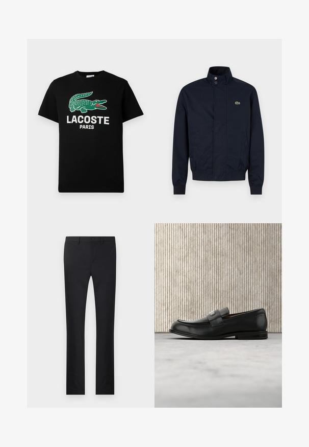 Veste pour homme bleu marine avec col montant, boutons-pression sur le devant, deux poches latérales, poignets côtelés et petit logo crocodile vert sur la poitrine.; T-shirt en coton noir avec un logo de crocodile vert et le texte "LACOSTE PARIS" en blanc. Manches courtes et col rond classique.; Pantalon noir avec une coupe droite, confectionné dans un tissu lisse. Dispose de poches avant, d'une fermeture à bouton et de passants de ceinture.; Mocassin en cuir noir avec une plaque de marque en métal reposant près d'une table ronde marron sur un sol recouvert de moquette beige.