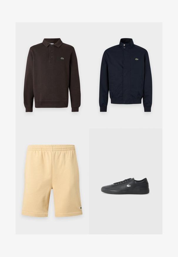 Veste pour homme bleu marine avec col montant, boutons-pression sur le devant, deux poches latérales, poignets côtelés et petit logo crocodile vert sur la poitrine.; Polo à manches longues marron en tissu texturé, doté d'une patte de boutonnage à trois boutons et d'un petit logo Lacoste sur la poitrine.; Shorts décontractés beige avec taille élastique et petit logo vert brodé en bas de la jambe droite.; Sneaker en cuir noir avec bout arrondi, semelle plate et logo blanc sur le côté. Présente des lacets noirs et une finition lisse et mate.