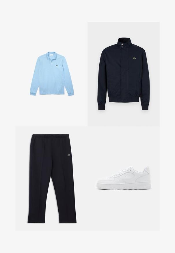 Veste pour homme bleu marine avec col montant, boutons-pression sur le devant, deux poches latérales, poignets côtelés et petit logo crocodile vert sur la poitrine.; Polo-shirt à manches longues bleu clair avec col, doté d'un logo Lacoste vert sur la partie gauche de la poitrine. Fabriqué en doux coton.; Pantalon de sport noir avec poches latérales, ceinture élastique, fines bandes latérales et petit logo crocodile vert sur la hanche droite.; Baskets en cuir blanc avec une boîte à orteils perforée, des lacets plats et un col rembourré. Présente un logo en relief sur le côté et une semelle en caoutchouc texturée.