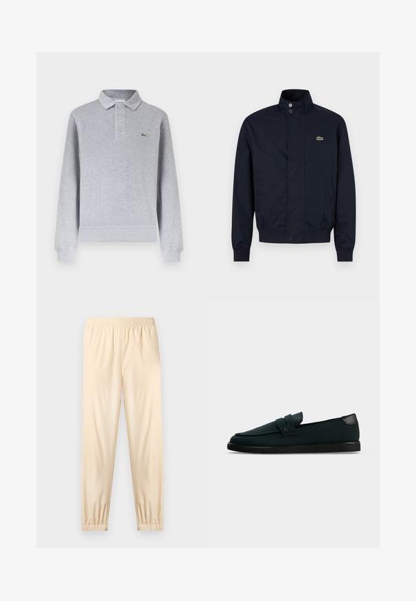 Veste pour homme bleu marine avec col montant, boutons-pression sur le devant, deux poches latérales, poignets côtelés et petit logo crocodile vert sur la poitrine.; Polo à manches longues gris clair avec poignets côtelés, trois boutons au col et un petit logo crocodile vert sur la poitrine gauche.; Pantalon beige clair à taille élastique avec poignets froncés, coupe droite et tissu lisse, présenté sur un fond clair uni.; Chaussure mocassin noire à enfiler avec une semelle texturée et un petit logo crocodile sur le côté, vue de profil sur fond uni.