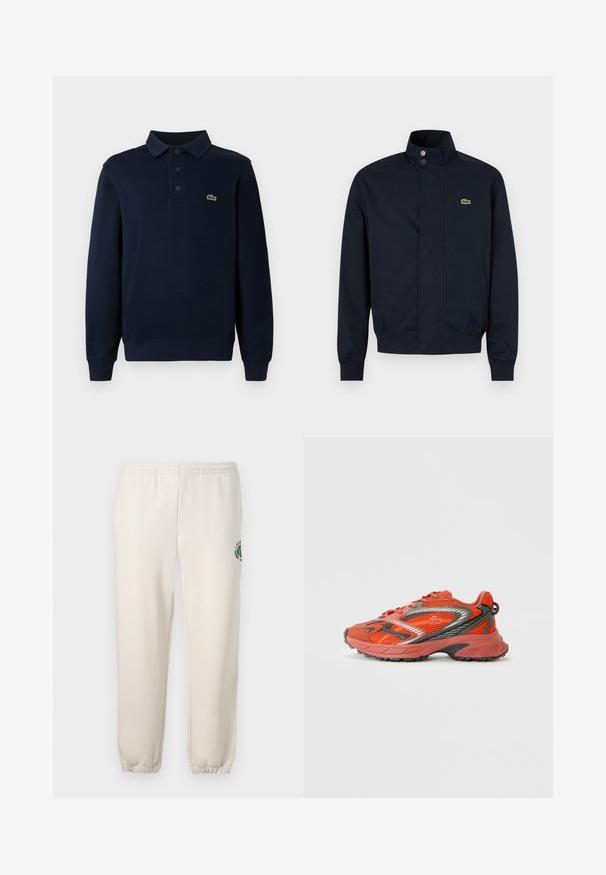 Marineblauw herenjack met hoge kraag, drukknoopsluiting aan de voorkant, twee zijzakken, geribde manchetten en een klein groen krokodillenlogo op de borst.; Marineblauwe lange mouwen polo shirt met knoopsluiting en klein groen krokodillenlogo op de borst.; Lichtbeige sweatpants van katoen, met een elastische tailleband, geribde boorden en een groen logo met een bladerenontwerp op het linkerpand.; Rode en bruine sportshoe met mesh-stof, zwarte accenten en een rubberen zool. Heeft een ronde neus en contrasterende veters.