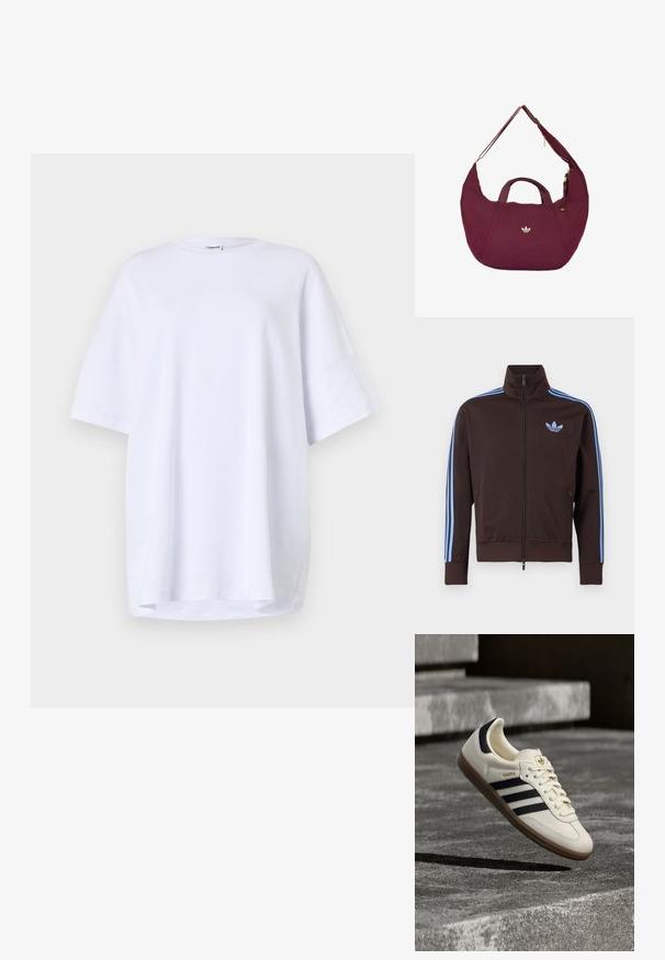 Chaqueta deportiva marrón con cremallera, con rayas azul claro de Adidas en las mangas y el logo de trébol en el pecho, cuello alto y bolsillos laterales con cremallera.; Camiseta blanca de algodón de manga corta y corte oversize. Cuello redondo, aberturas laterales en el dobladillo y textura suave sin patrones o acentos visibles.; Zapatilla blanca Adidas Samba con franjas negras y suela de goma, flotando sobre escalones de hormigón gris texturizado.; Bolso de hombro en forma de media luna color granate con asas dobles y cremallera dorada, con un pequeño logo dorado de Adidas en el centro delantero.