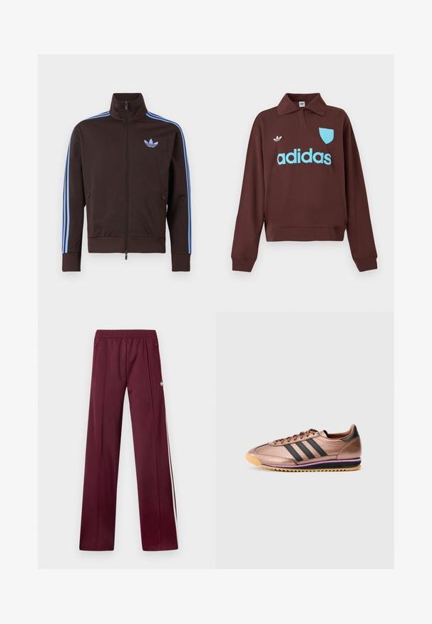 Brun trackjakke med lynlås med lyseblå Adidas-striber på ærmerne og trefoil-logo på brystet, høj krave og lynlåslommer i siden.; Brun sweatshirt med polo krave, der har en lys blå "adidas" logo og skjolddetalje, lavet af blødt stof med en afslappet pasform.; Bordeaux løbebukser med elastisk taljebånd, sidelommer med lynlås, hvide sidelommer og et lille hvidt Adidas-logo på højre lår.; Bronzefarvede sportssko med tre sorte striber, glat overflade, snørebåndsdesign, kontrasterende lys brun sål med lilla accent, retro stil.
