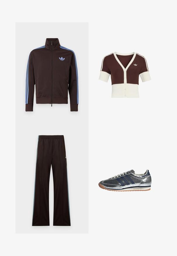 Bruine trainingsjas met rits, lichtblauwe Adidas-strepen op de mouwen en trefoil-logo op de borst, hoge kraag en ritszakken aan de zijkant.; Korte mouwen cardigan met een bruin bovenstuk en een crèmekleurig onderstuk, voorzien van een V-hals, knoopsluiting en een subtiel ontwerp met drie strepen.; Zwarte wijde broekspijpen trainingsbroek met lichtblauwe zijstrepen, elastische tailleband, met rits afsluitbare zakken en Adidas-logo op de linkerheup.; Zilveren synthetische sneaker met marineblauwe strepen, ronde neus, witte voering en gumzool. Heeft een gestructureerde bovenkant en vetersluiting.