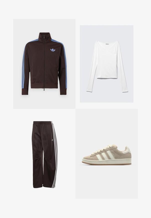 Bruine trainingsjas met rits, lichtblauwe Adidas-strepen op de mouwen en trefoil-logo op de borst, hoge kraag en ritszakken aan de zijkant.; Witte long-sleeve top met een crossover ontwerp en een zak. Gemaakt van een gladde, rekbare stof. Geknipt in een casual, relaxte pasvorm.; Zwarte Adidas trainingsbroek met witte drie strepen langs de zijkanten, elastische tailleband, zijzak met rits en Adidas-logo op het linkerbeen.; Tan suède sneaker met witte leren strepen en veters, rubberen zool, gewatteerde kraag en tekstuurdetails aan de bovenkant.