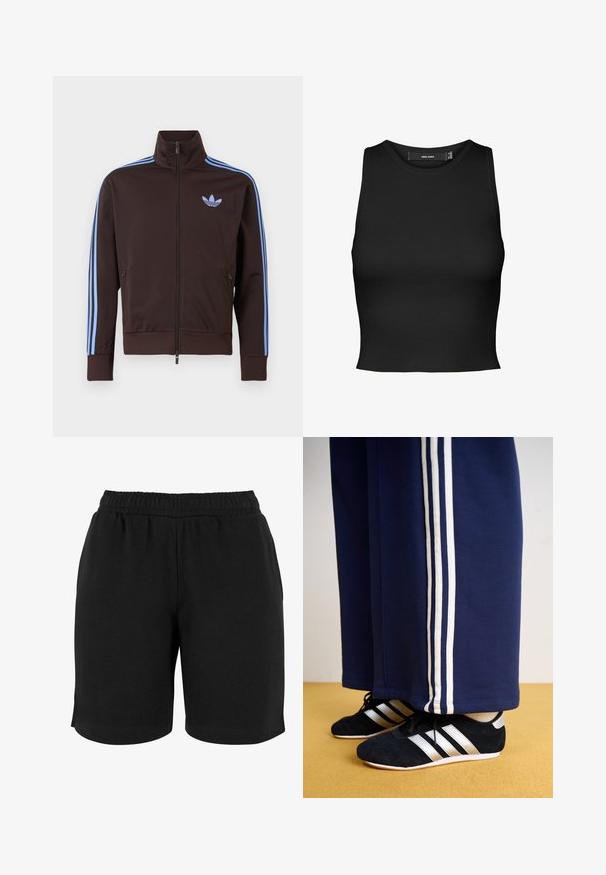 Chaqueta deportiva marrón con cremallera, con rayas azul claro de Adidas en las mangas y el logo de trébol en el pecho, cuello alto y bolsillos laterales con cremallera.; Top corto de canalé negro con escote redondo y diseño sin mangas. Presenta una textura suave y una silueta ajustada.; Pantalones cortos de algodón negros con una cinturilla elástica, que presentan una textura suave y un corte sencillo. No hay bolsillos ni adornos visibles.; Pantalones de chándal navy con tres rayas verticales blancas y zapatillas deportivas negras con rayas plateadas y una superficie texturizada. Suelo amarillo.