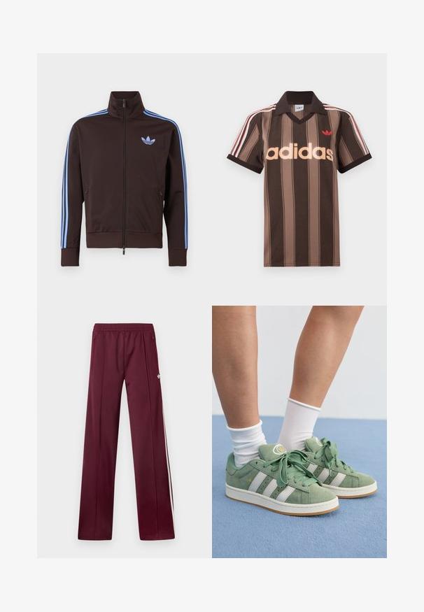 Brun trackjakke med lynlås med lyseblå Adidas-striber på ærmerne og trefoil-logo på brystet, høj krave og lynlåslommer i siden.; Brunstribet Adidas polo-shirt med V-hals, bordeaux krave og rødt logo. Har hvide og røde skulderstriber samt korte ærmer.; Bordeaux løbebukser med elastisk taljebånd, sidelommer med lynlås, hvide sidelommer og et lille hvidt Adidas-logo på højre lår.; Grønne ruskindsneakers med hvide striber. Har runde snørebånd, en struktureret tungen og et rundt logo på tungen.