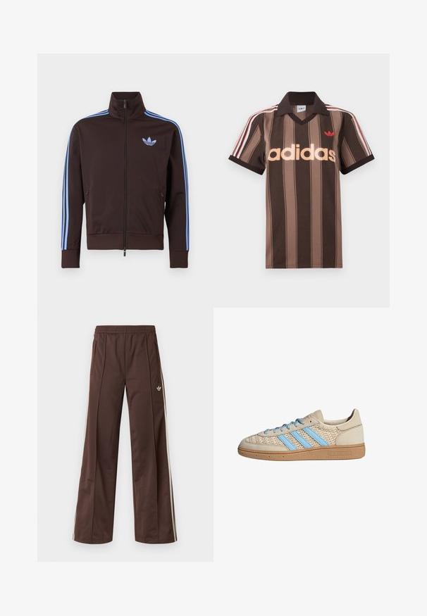 Chaqueta deportiva marrón con cremallera, con rayas azul claro de Adidas en las mangas y el logo de trébol en el pecho, cuello alto y bolsillos laterales con cremallera.; Polo Adidas marrón con rayas, cuello en V, cuello burdeos y logo rojo. Presenta rayas blancas y rojas en los hombros, mangas cortas.; Pantalones deportivos marrones con diseño de pierna ancha, franjas laterales blancas, cintura elástica y dos bolsillos laterales. Presentan un pequeño logo en la pierna.; Zapatilla beige con parte superior de punto texturizado, rayas azul claro y suela de goma marrón. Presenta cordones redondos y detalle de logo en el lateral.