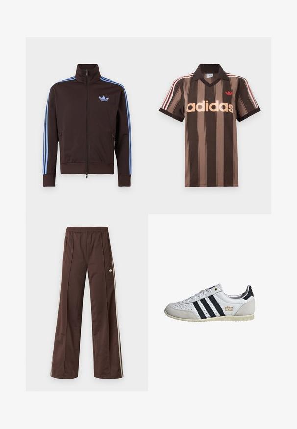 Braune Trainingsjacke mit Reißverschluss, hellblauen Adidas-Streifen an den Ärmeln und Trefoil-Logo auf der Brust, hohem Kragen und seitlichen Reißverschlusstaschen.; Braunes gestreiftes Adidas-Poloshirt mit V-Ausschnitt, bordeauxrotem Kragen und rotem Logo. Mit weißen und roten Schulterstreifen, kurzen Ärmeln.; Braune Sporthose mit weitem Bein, weißen Seitenstreifen, elastischem Bund und zwei Seitentaschen. Mit kleinem Logo am Bein.; Weiße Sneaker mit schwarzen Streifen und goldener Markenkennzeichnung. Verfügt über Materialien aus Wildleder und Leder, ein durchlässiges Obermaterial und eine strukturierte Gummisohle.