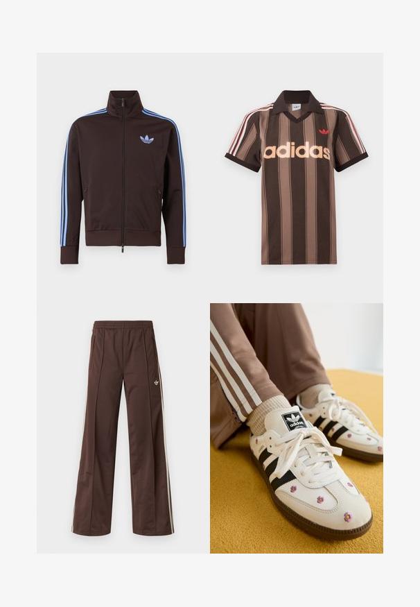 Chaqueta deportiva marrón con cremallera, con rayas azul claro de Adidas en las mangas y el logo de trébol en el pecho, cuello alto y bolsillos laterales con cremallera.; Polo Adidas marrón con rayas, cuello en V, cuello burdeos y logo rojo. Presenta rayas blancas y rojas en los hombros, mangas cortas.; Pantalones deportivos marrones con diseño de pierna ancha, franjas laterales blancas, cintura elástica y dos bolsillos laterales. Presentan un pequeño logo en la pierna.; Zapatillas de piel blanca con tres rayas negras y bordado floral en púrpura y amarillo. Suela de goma marrón. Combinadas con calcetines beige con canalé.