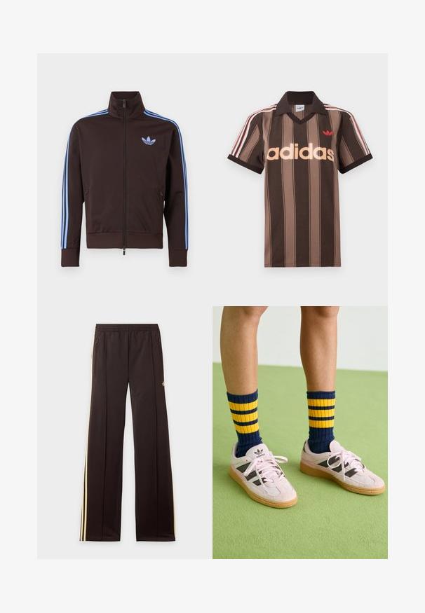 Bruine trainingsjas met rits, lichtblauwe Adidas-strepen op de mouwen en trefoil-logo op de borst, hoge kraag en ritszakken aan de zijkant.; Bruine gestreepte Adidas polo met V-hals, bordeauxrode kraag en rood logo. Heeft witte en rode schouderstrepen, korte mouwen.; Zwarte trainingsbroek met gele zijstrepen, elastische tailleband, ritszakken aan de zijkant en een klein logo op het bovenbeen.; Lichtroze suède sneakers met zwarte strepen en rubberen gummizolen, gecombineerd met marineblauwe en gele gestreepte rib sokken. Groene gestructureerde vloer.