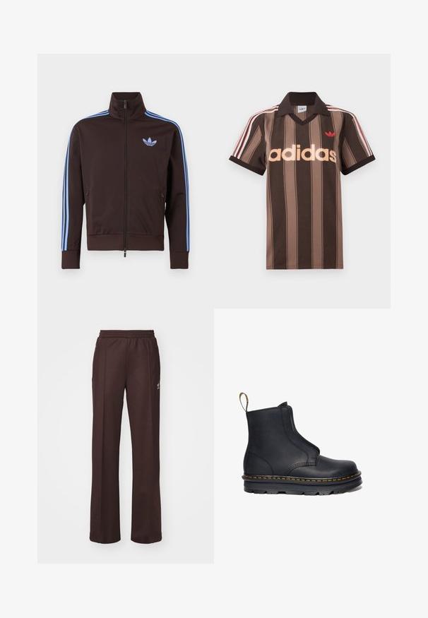 Braune Trainingsjacke mit Reißverschluss, hellblauen Adidas-Streifen an den Ärmeln und Trefoil-Logo auf der Brust, hohem Kragen und seitlichen Reißverschlusstaschen.; Braunes gestreiftes Adidas-Poloshirt mit V-Ausschnitt, bordeauxrotem Kragen und rotem Logo. Mit weißen und roten Schulterstreifen, kurzen Ärmeln.; Braune Sporthose mit einem elastischen Bund, zwei Seitentaschen und einem kleinen Logo auf der linken Seite, gefertigt aus weichem Stoff.; Schwarze Leder-Stiefelette mit elastischen seitlichen Einsätzen, runder Zehenform, kontrastierenden gelben Nähten und einer robusten Gummisohle.