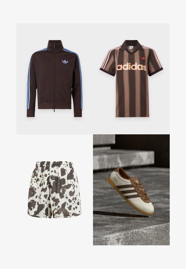 Brun trackjakke med lynlås med lyseblå Adidas-striber på ærmerne og trefoil-logo på brystet, høj krave og lynlåslommer i siden.; Brunstribet Adidas polo-shirt med V-hals, bordeaux krave og rødt logo. Har hvide og røde skulderstriber samt korte ærmer.; Hvide shorts med elastisk talje og løs pasform med uregelmæssigt mørkebrunt ko-mønster.; Hvid og brun Adidas Gazelle-sneaker med gummisål svævende over stenetrin og jord i udendørs omgivelser.