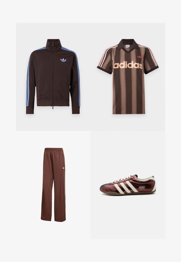 Hnědá bunda na zip s světle modrými pruhy Adidas na rukávech a logem trefoil na hrudi, vysokým límcem a kapsami na zip po stranách.; Hnědá pruhovaná polokošile Adidas s výstřihem do V, bordó límeček a červené logo. Má bílé a červené pruhy na ramenou, krátké rukávy.; Hnědé široké tepláky s elastickým pasem, bočními zipovými kapsami, bílými bočními pruhy a malým bílým logem na horní levé noze.; Nízkoprofilová kovová bordó teniska Adidas s bílými pruhy, tkaničkami a nápisem „Adidas Tokyo“ na boku.