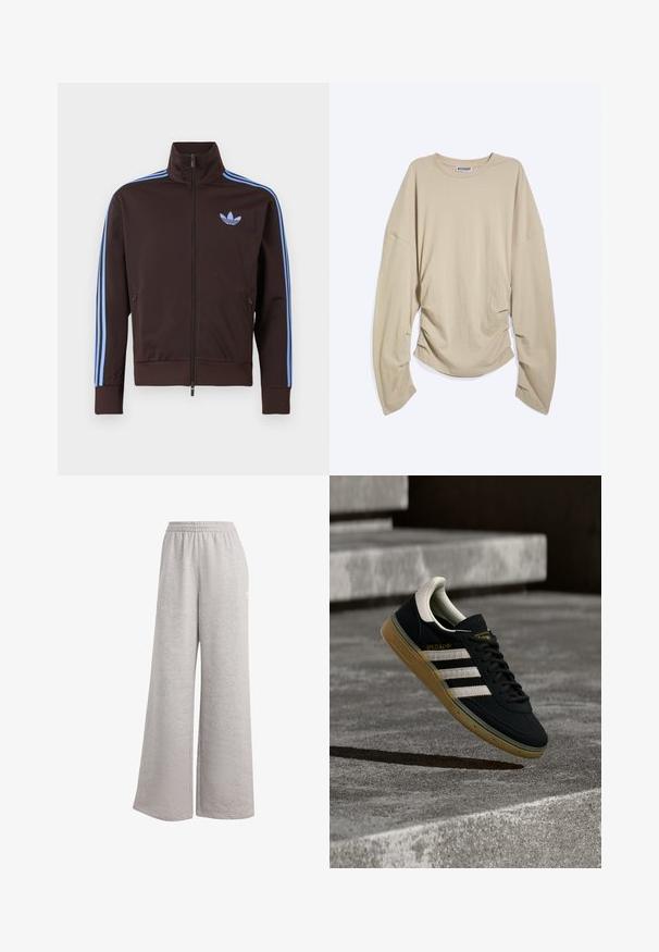 Bruine trainingsjas met rits, lichtblauwe Adidas-strepen op de mouwen en trefoil-logo op de borst, hoge kraag en ritszakken aan de zijkant.; Beige shirt met lange mouwen en een ronde hals, met oversized mouwen en geplooide zijkanten, plat neergelegd op een witte achtergrond.; Lichtgrijze sweatpants met een losse pasvorm, elastische tailleband en zachte textuur. Heeft subtiele branding aan één kant. Casual ontwerp.; Zwarte suède sneaker met witte strepen en goud logo, voorzien van een gestructureerde gum rubberen zool en een contrasterende crème hielkap.