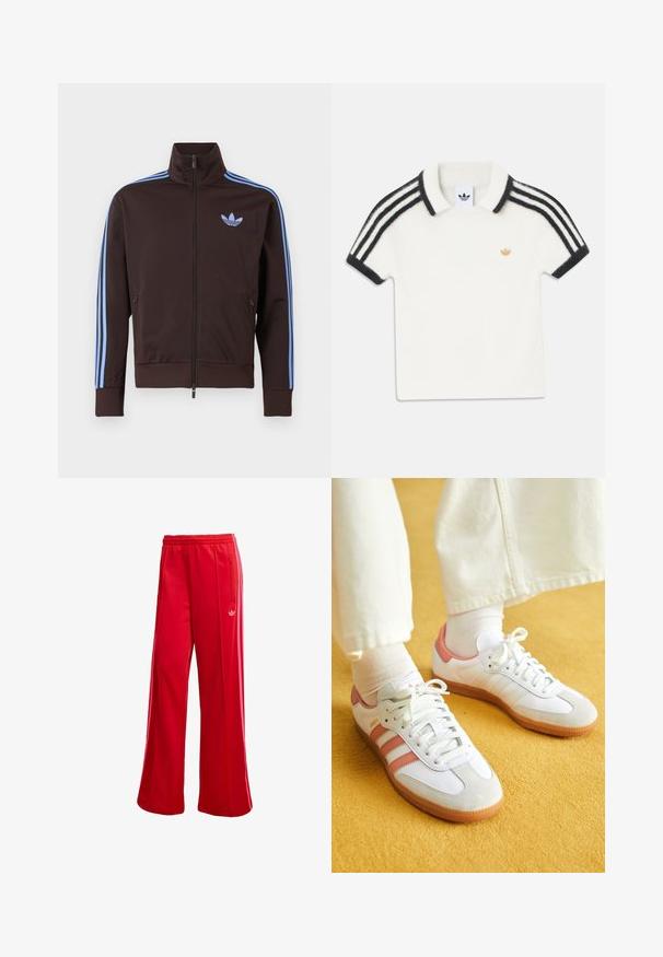 Brun trackjakke med lynlås med lyseblå Adidas-striber på ærmerne og trefoil-logo på brystet, høj krave og lynlåslommer i siden.; Hvid kortærmet polo med sorte striber på skuldre og ærmer, sort kant på kraven og lille guld Adidas-logo på brystet.; Røde atletiske bukser med brede ben, elastisk talje og sidelomme med lynlås. Har et lille hvidt logo på venstre side. Glat tekstur.; Hvide sportsko med lyserøde accenter, lavet af ruskind og læder, rund tå og gummisål, vist med lyse sokker på en gul baggrund.