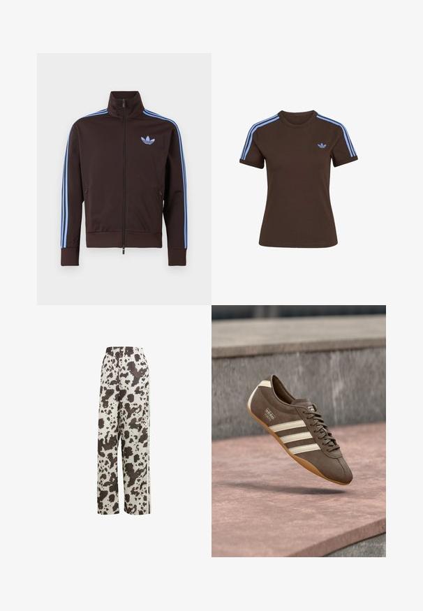 Bruine trainingsjas met rits, lichtblauwe Adidas-strepen op de mouwen en trefoil-logo op de borst, hoge kraag en ritszakken aan de zijkant.; Bruin T-shirt met korte mouwen, lichtblauwe drie strepen op de schouders en klein lichtblauw Adidas-logo op de linkerborst.; adidas Originals COW PRINT SATIN WIDE LEG - Trainingsbroek - multicolor off white; Bruine suède sneaker met witte strepen en merklogo's, voorzien van een ronde neus en een zool van tandgumrubber, zwevend boven een getextureerd oppervlak.