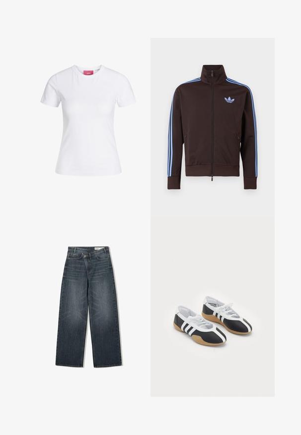 Veste de survêtement marron zippée avec des bandes Adidas bleu clair sur les manches et le logo trèfle sur la poitrine, col montant et poches latérales zippées.; T-shirt blanc moulant à manches courtes avec col rond, étiquette rose JJXX à l'intérieur du col, présenté sur un fond uni.; Jean en denim foncé avec une coupe large, doté d'une taille haute, de cinq poches et d'un léger délavage sur le devant.; Baskets de sport noir et blanc au design élégant, semelle en caoutchouc, fermeture à lacets et trois rayures blanches sur les côtés.