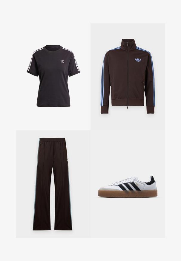 Braune Trainingsjacke mit Reißverschluss, hellblauen Adidas-Streifen an den Ärmeln und Trefoil-Logo auf der Brust, hohem Kragen und seitlichen Reißverschlusstaschen.; Schwarzes Baumwoll-T-Shirt mit kurzen Ärmeln und Rundhalsausschnitt, mit weißen Streifen auf den Schultern und einem kleinen weißen Adidas-Logo auf der Brust.; Schwarze, weit geschnittene Trainingshose mit hellblauen Seitenstreifen, elastischem Bund, Reißverschlusstaschen und Adidas-Logo an der linken Hüfte.; Weiße Leder Sneakers mit schwarzen Streifen, Gummigummi-Außensohle, runder Zehenform, Schnürverschluss und weichem grauem Wildleder-Zehenkappe.